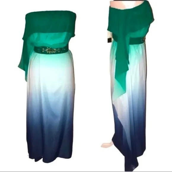 Bcbgmaxazria SILK  STRAPLESS CASCADING OMBRE CHIFFON BELT MAXI GOWN DRESS - Picture 5 of 12